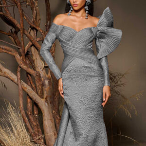 MNM COUTURE F02982 - Long Sleeve Structural Fan Evening Gown