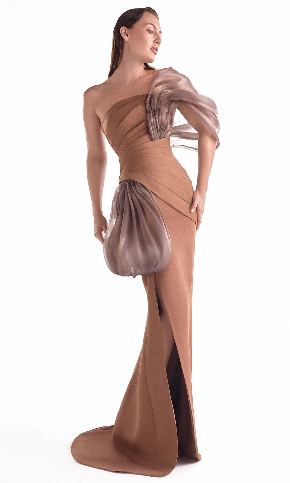 MNM COUTURE G2106 - Pleated Detail Asymmetric Evening Gown - Image 4