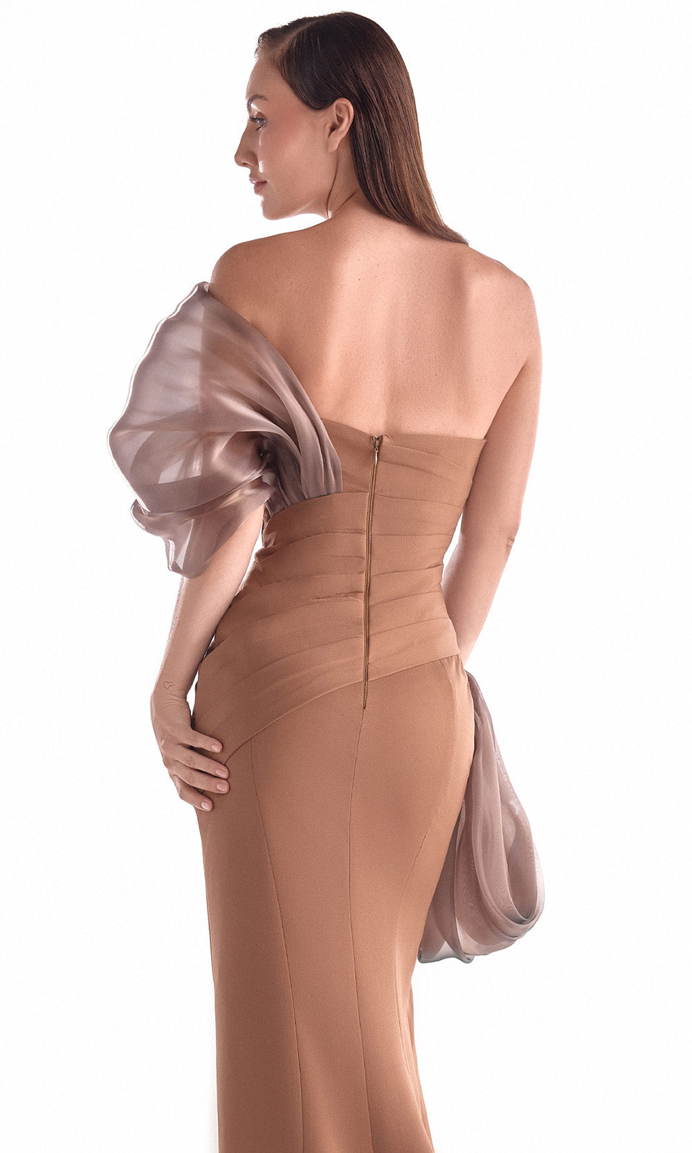 MNM COUTURE G2106 - Pleated Detail Asymmetric Evening Gown - Image 6
