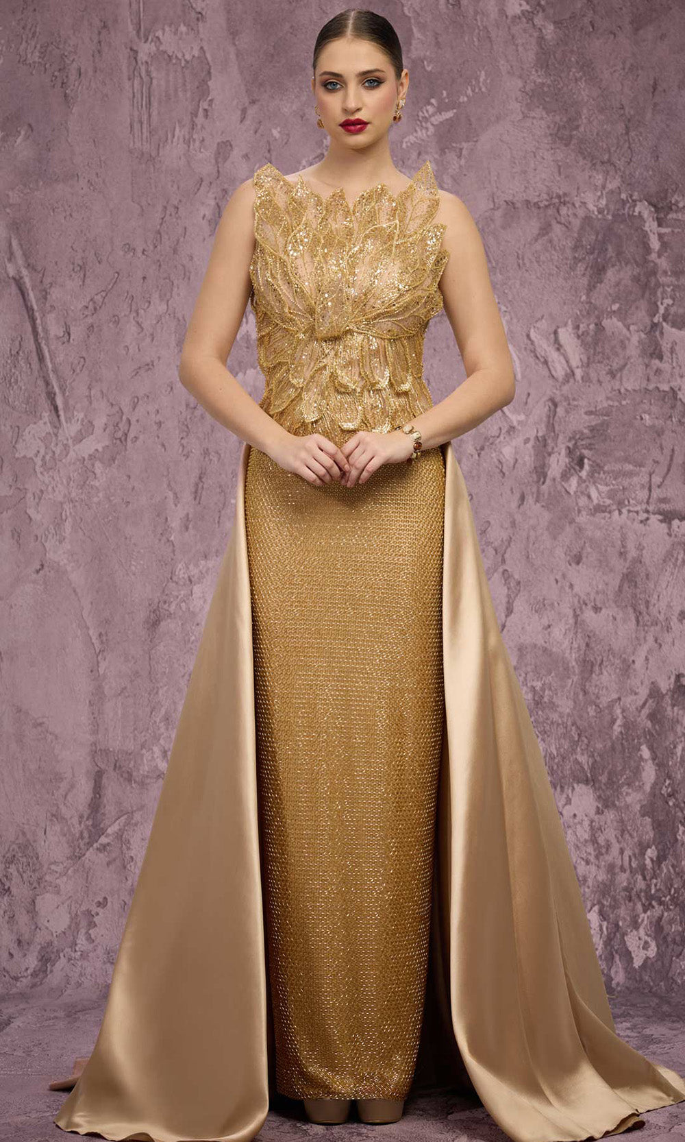 MNM COUTURE J03186 - Bateau Beaded Petal Applique Long Gown - Image 5