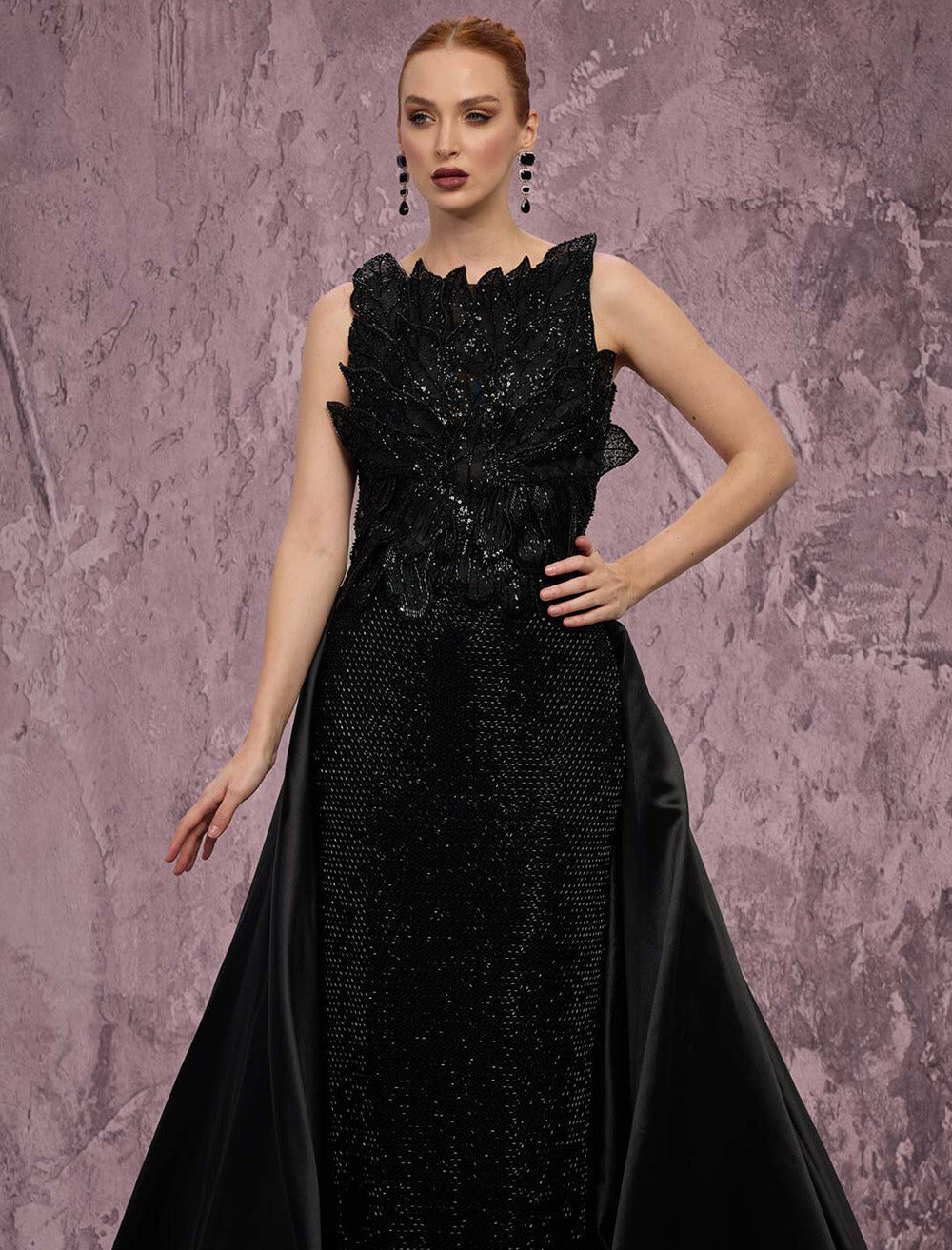 MNM COUTURE J03186 - Bateau Beaded Petal Applique Long Gown