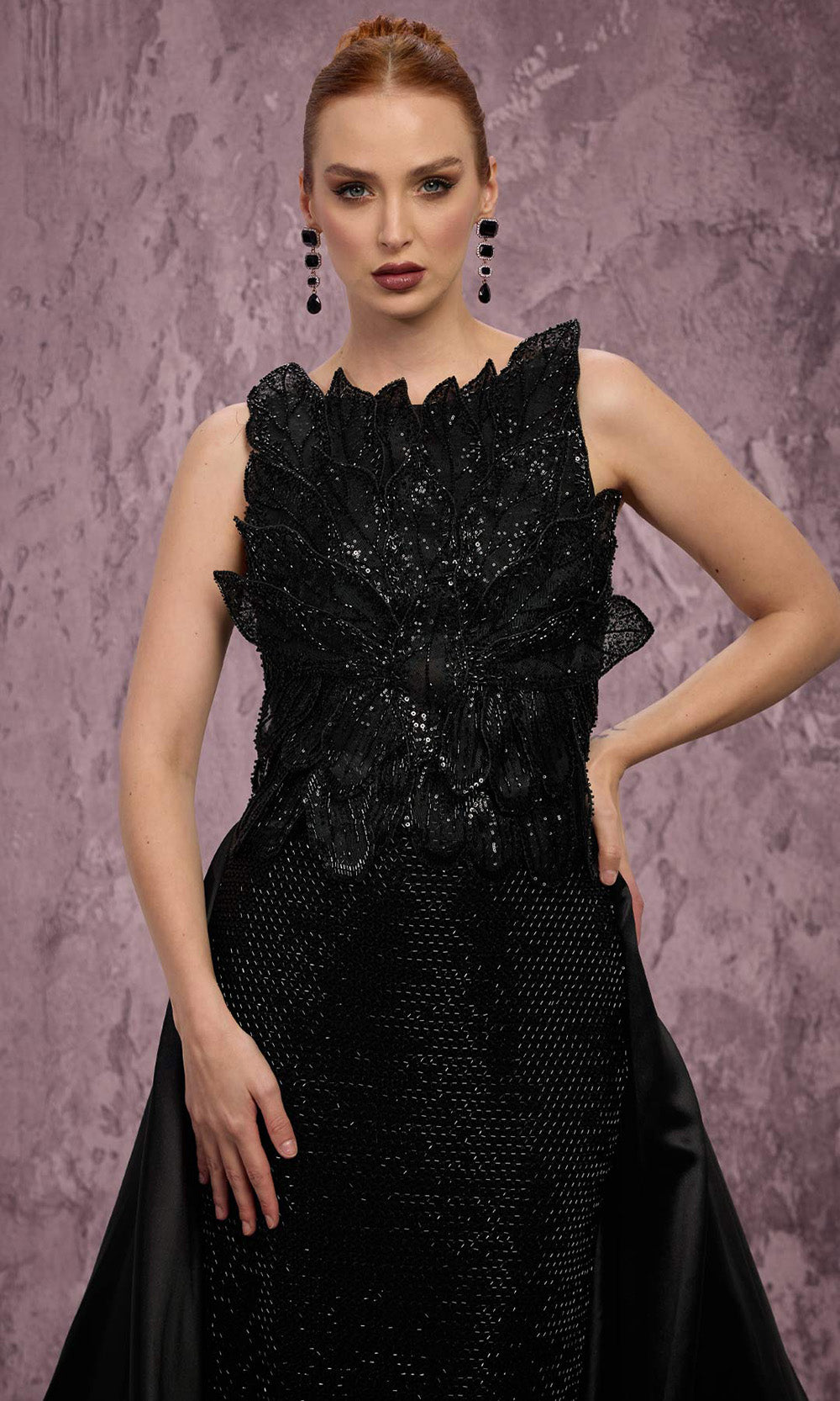 MNM COUTURE J03186 - Bateau Beaded Petal Applique Long Gown - Image 4