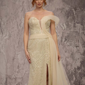 MNM COUTURE Q1405 - Plunging Sweetheart Beaded Overskirt Gown
