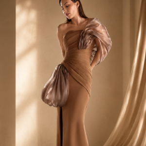 MNM COUTURE G2106 - Pleated Detail Asymmetric Evening Gown