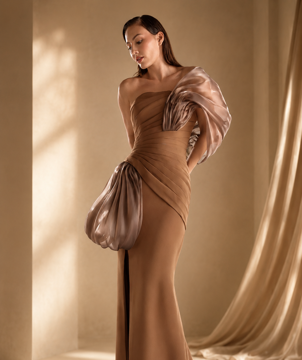 MNM COUTURE G2106 - Pleated Detail Asymmetric Evening Gown