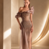 MNM COUTURE G2105 - Off-Shoulder Draped Sleeve Beaded Dress