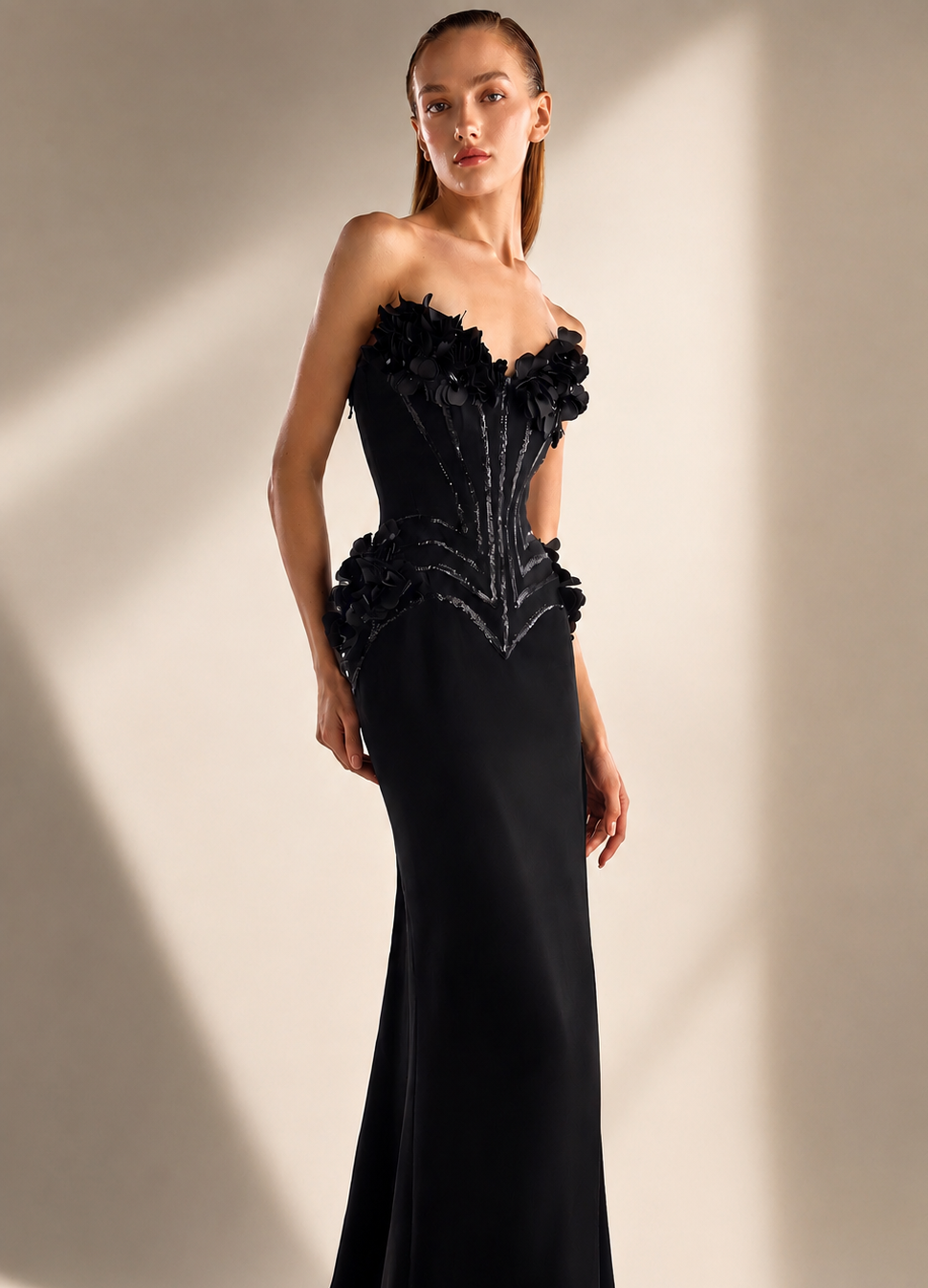 MNM COUTURE G2115 - Floral Applique Sweetheart Crepe Gown